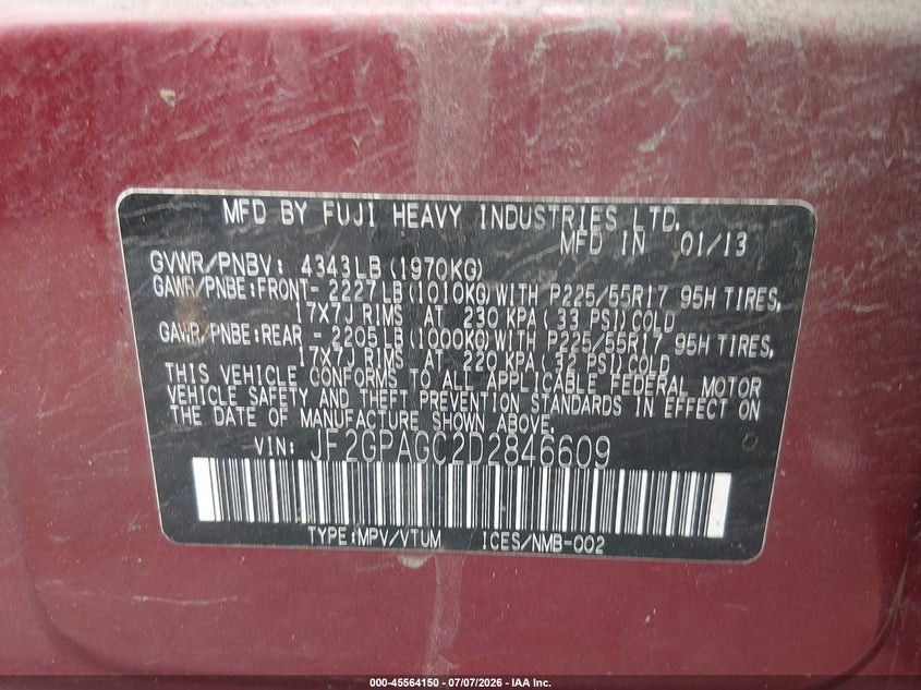 2013 Subaru Xv VIN JF2GPAGC2D2846609 IAAI salvage auction — LEFT FRONT, Salvage (Idaho), sold $1,125 on 2026-07-30 (photo 9)