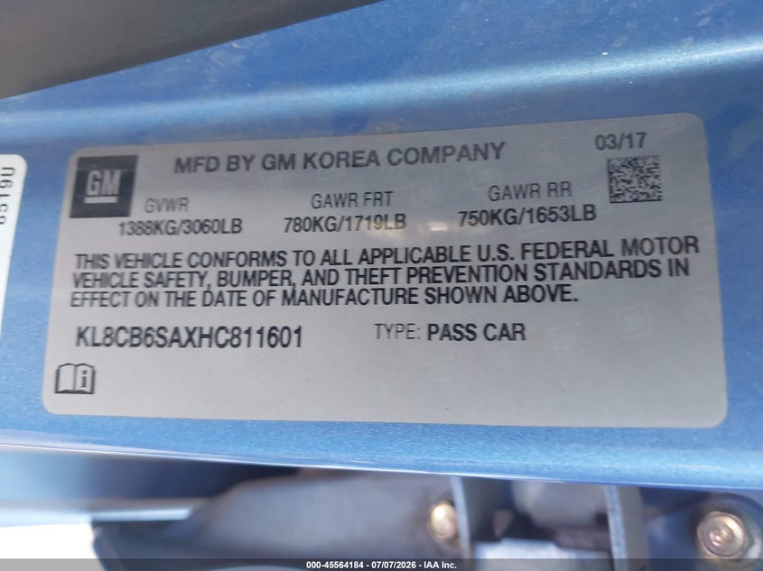 2017 Chevrolet Spark VIN KL8CB6SAXHC811601 IAAI salvage auction — FRONT END, Salvage (Texas), sold $1,000 on 2026-07-19 (photo 9)