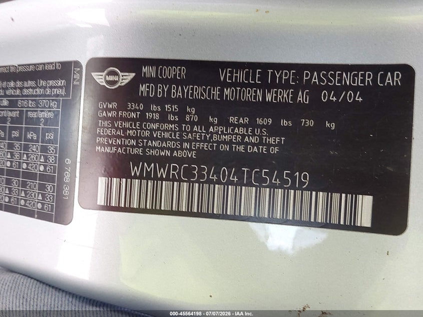 2004 Mini Cooper VIN WMWRC33404TC54519 IAAI salvage auction — ENGINE DAMAGE, Rebuildable (Florida), sold $250 on 2026-08-06 (photo 9)