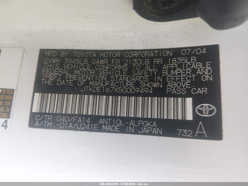2005 Scion Tc VIN JTKDE167X50009494 IAAI salvage auction — FRONT END, Clear (Virginia), sold $25 on 2026-07-28 (photo 9)