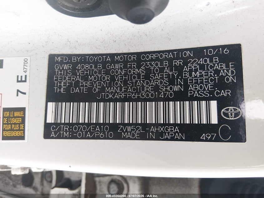 2017 Toyota Prius VIN JTDKARFP6H3001470 IAAI salvage auction — FRONT END, Salvage - Greater Than 75% (Maryland), sold $3,650 on 2026-07-25 (photo 9)