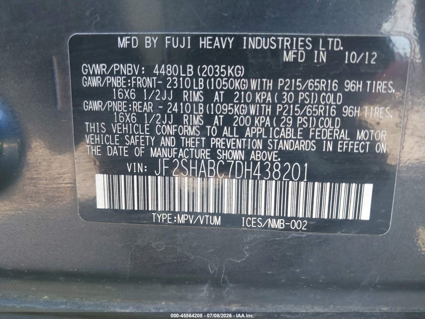 2013 Subaru Forester VIN JF2SHABC7DH438201 IAAI salvage auction — REAR END, Salvage (Pennsylvania), sold $875 on 2026-07-17 (photo 9)