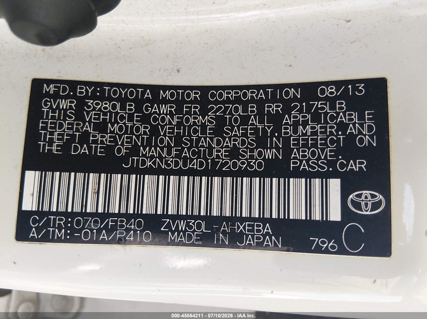 2013 Toyota Prius VIN JTDKN3DU4D1720930 IAAI salvage auction — RIGHT SIDE, Salvage (Arkansas), sold $2,050 on 2026-07-29 (photo 9)