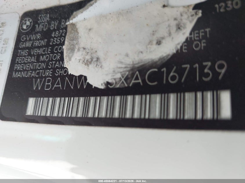 2010 BMW 5 series VIN WBANW1C5XAC167139 IAAI salvage auction — NORMAL WEAR, Clear (Arkansas), sold $150 on 2026-07-22 (photo 9)