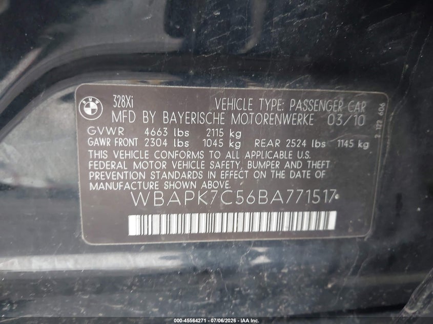 2011 BMW 3 series VIN WBAPK7C56BA771517 IAAI salvage auction — NORMAL WEAR, Clear (Pennsylvania), sold $1,400 on 2026-07-14 (photo 9)