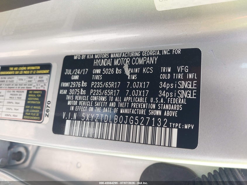 2018 Hyundai Santa fe VIN 5XYZTDLB0JG527132 IAAI salvage auction — UNKNOWN, Clear (South Carolina), sold $3,350 on 2026-07-14 (photo 9)