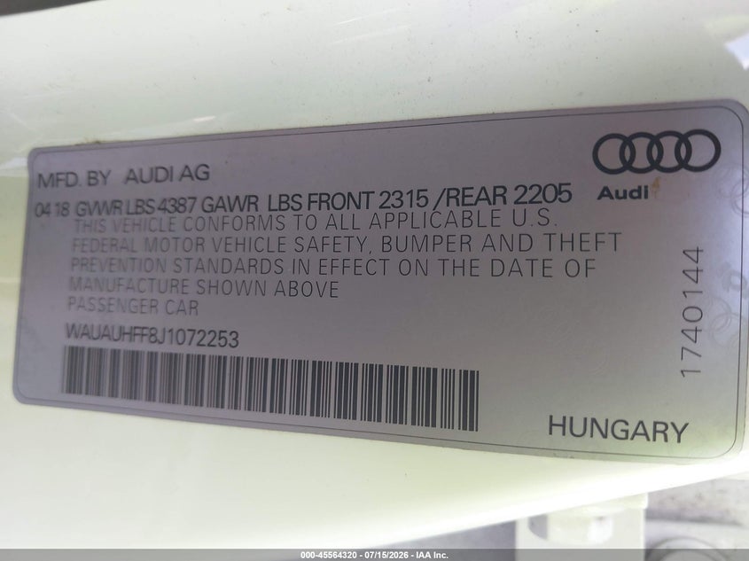 2018 Audi A3 VIN WAUAUHFF8J1072253 IAAI salvage auction — RIGHT REAR, Salvage (Tennessee), sold $2,200 on 2026-08-01 (photo 9)