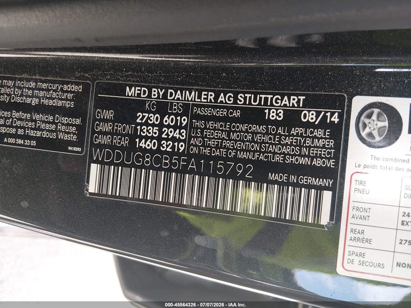 2015 Mercedes-benz S-klasse VIN WDDUG8CB5FA115792 IAAI salvage auction — FRONT END, Salvage Title, sold $25 on 2026-08-07 (photo 9)
