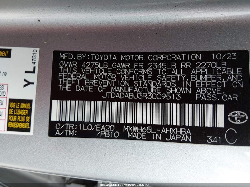 2024 Toyota Prius VIN JTDADABU3R3009513 IAAI salvage auction — FRONT END, Salvage Title, sold $7,000 on 2026-08-19 (photo 9)