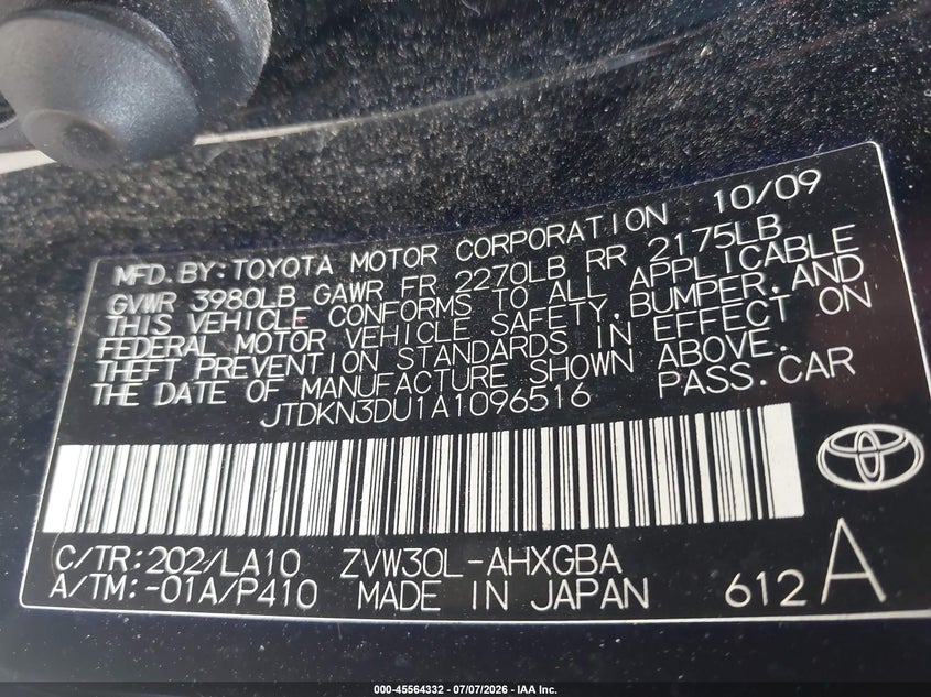 2010 Toyota Prius VIN JTDKN3DU1A1096516 IAAI salvage auction — NORMAL WEAR, Clear (Tennessee), sold $25 on 2026-07-29 (photo 9)