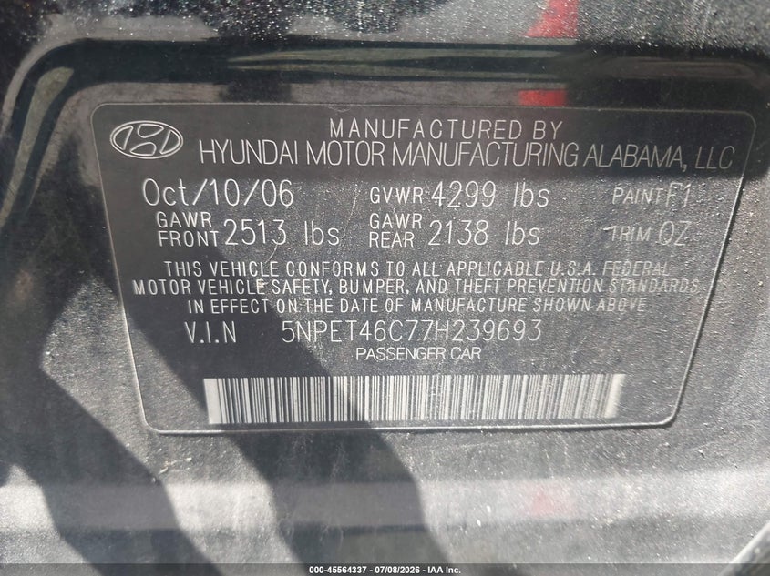2007 Hyundai Sonata VIN 5NPET46C77H239693 IAAI salvage auction — NORMAL WEAR, Clear (Alabama), sold $225 on 2026-07-22 (photo 9)