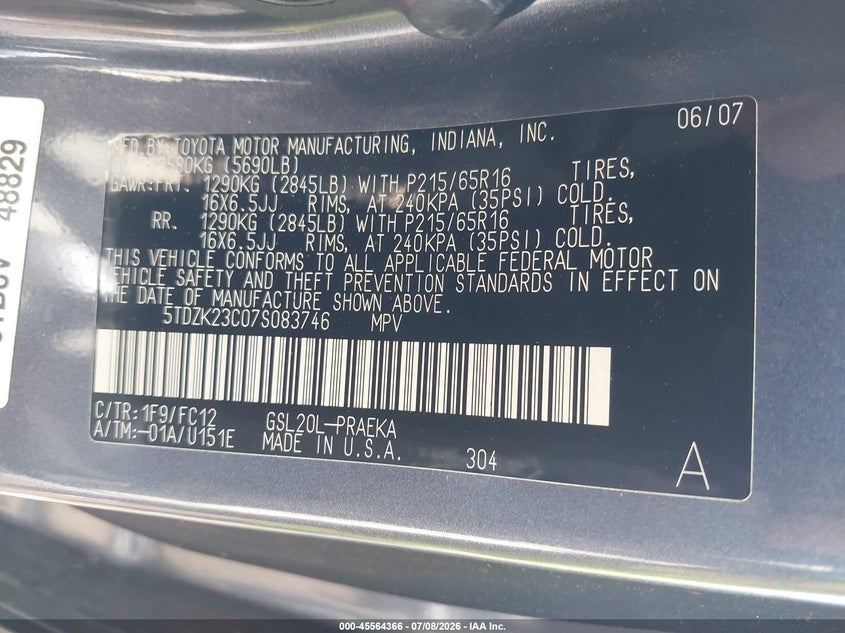2007 Toyota Sienna VIN 5TDZK23C07S083746 IAAI salvage auction — NORMAL WEAR, Clear (New York), sold $2,200 on 2026-07-14 (photo 9)