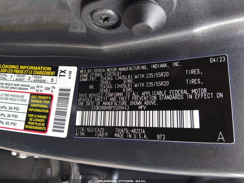 2023 Toyota Highlander VIN 5TDKDRBH8PS509443 IAAI salvage auction — FRONT END, Salvage (Tennessee), sold $16,100 on 2026-07-29 (photo 9)
