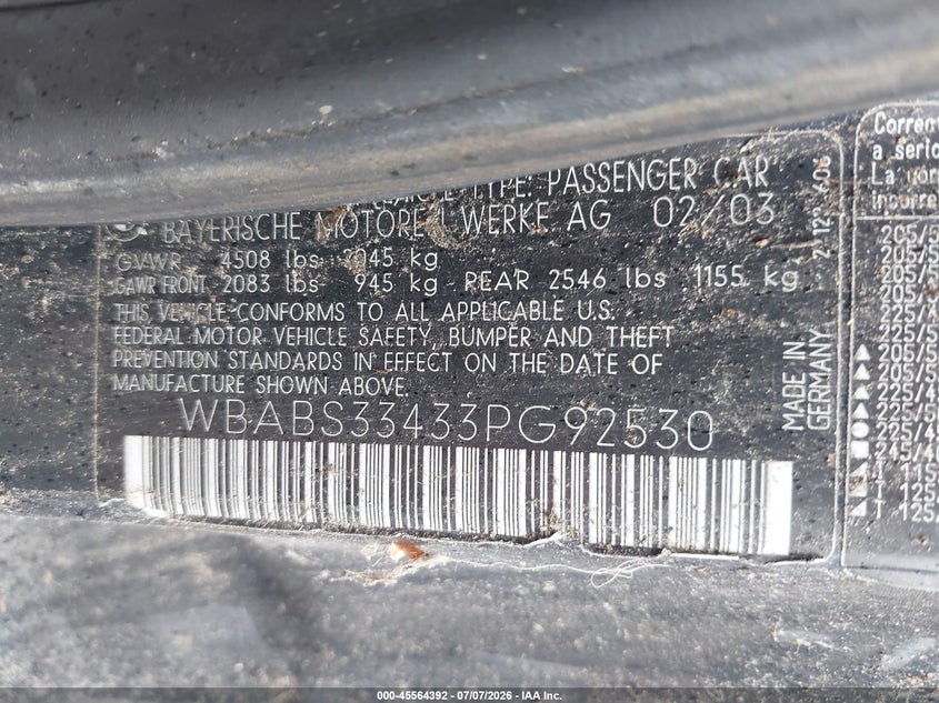 2003 BMW 3 series VIN WBABS33433PG92530 IAAI salvage auction — NORMAL WEAR, Clear (New York), sold $950 on 2026-07-14 (photo 9)
