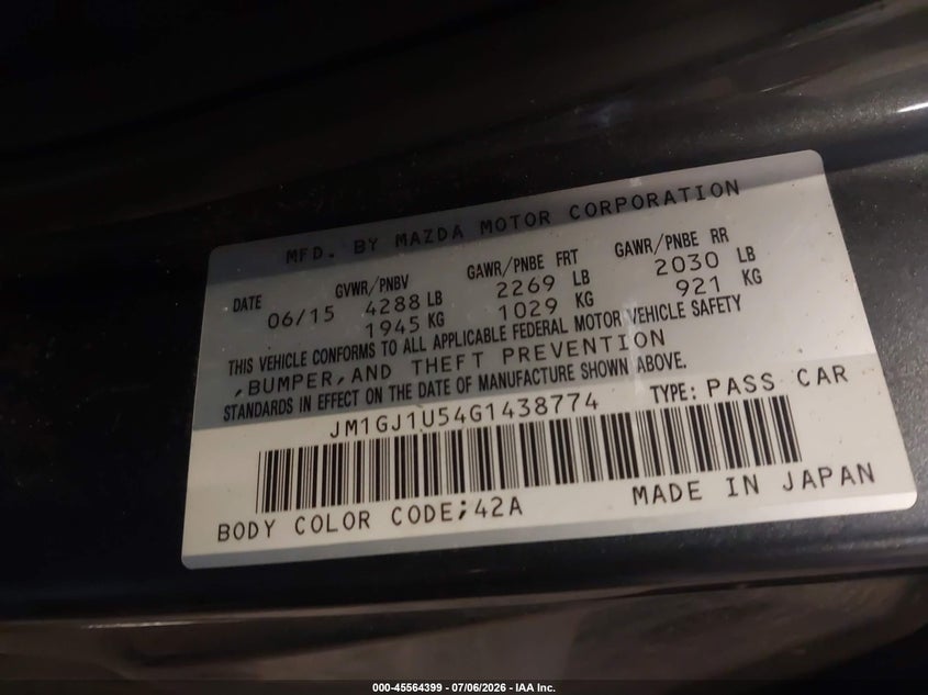 2016 Mazda 6 VIN JM1GJ1U54G1438774 IAAI salvage auction — NORMAL WEAR, Salvage Title, sold $275 on 2026-07-22 (photo 9)