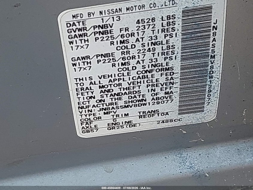 2013 Nissan Rogue VIN JN8AS5MV8DW129077 IAAI salvage auction — RIGHT FRONT, Mv-907A (New York), sold $400 on 2026-07-28 (photo 9)