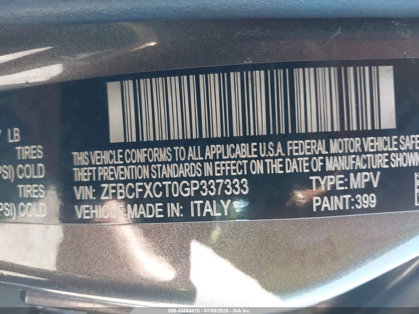 2016 Fiat 500x VIN ZFBCFXCT0GP337333 IAAI salvage auction — FRONT END, Salvage (Massachusetts), sold $125 on 2026-08-11 (photo 9)