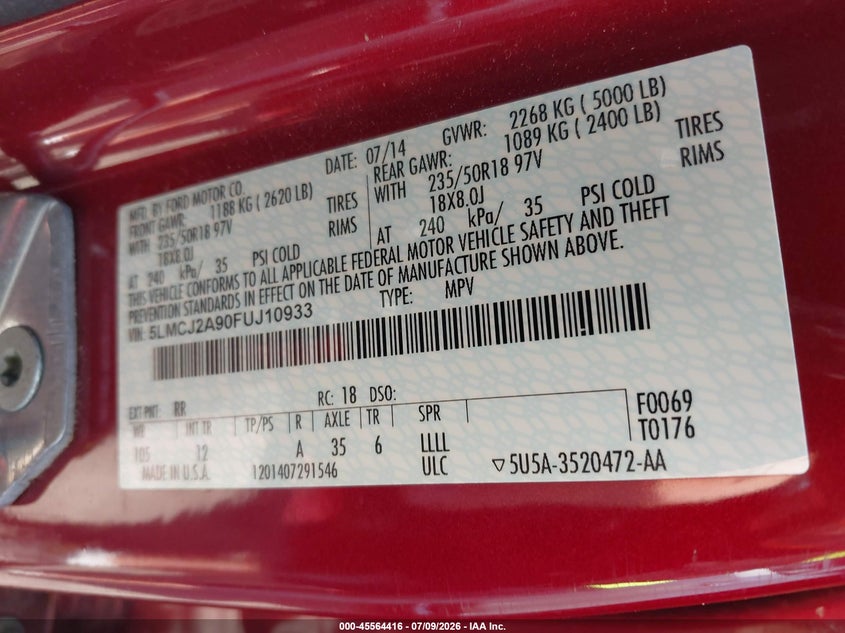 2015 Lincoln Mkc VIN 5LMCJ2A90FUJ10933 IAAI salvage auction — REAR END, Salvage Title, sold $1,550 on 2026-07-19 (photo 9)