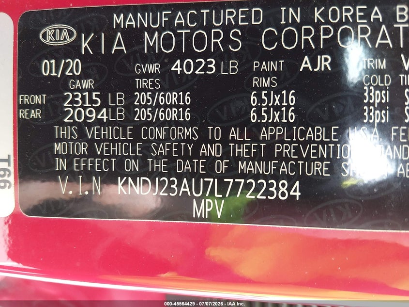 2020 Kia Soul VIN KNDJ23AU7L7722384 IAAI salvage auction — FRONT END, Salvage (North Carolina), sold $2,100 on 2026-07-30 (photo 9)