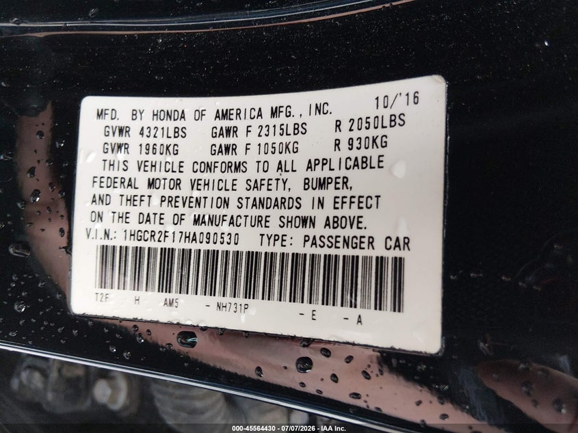 2017 Honda Accord VIN 1HGCR2F17HA090530 IAAI salvage auction — SIDE, Salvage Title, sold $3,850 on 2026-08-01 (photo 8)