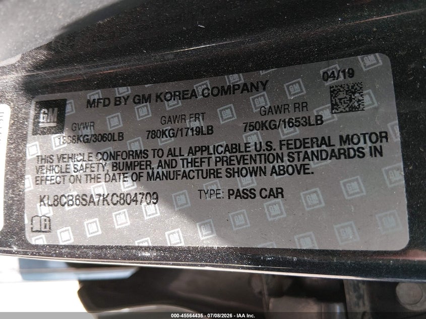 2019 Chevrolet Spark VIN KL8CB6SA7KC804709 IAAI salvage auction — FRONT END, Salvage (Ohio), sold $50 on 2026-07-28 (photo 9)