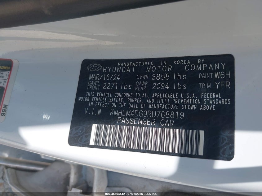 2024 Hyundai Elantra VIN KMHLM4DG9RU768819 IAAI salvage auction — REAR END, Certificate Of Destruction (Florida), sold $25 on 2026-07-23 (photo 9)