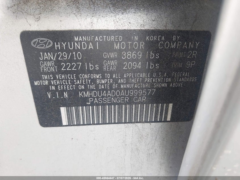 2010 Hyundai Elantra VIN KMHDU4AD0AU999577 IAAI salvage auction — NORMAL WEAR, Clear (Georgia), sold $825 on 2026-07-21 (photo 9)