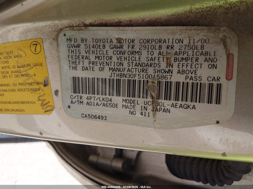 2001 Lexus Ls 430 VIN JTHBN30F510015867 IAAI salvage auction — NORMAL WEAR, Clear-Dealer Only (Arizona), sold $275 on 2026-07-28 (photo 9)
