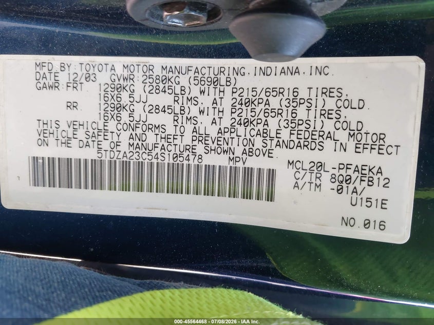 2004 Toyota Sienna VIN 5TDZA23C54S105478 IAAI salvage auction — NORMAL WEAR, Original (Maine), sold $325 on 2026-07-20 (photo 9)