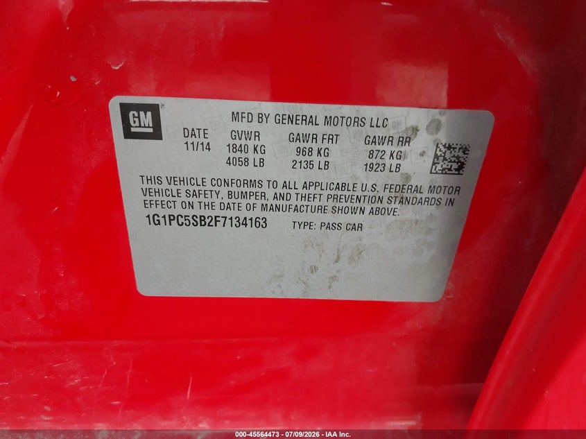 2015 Chevrolet Cruze VIN 1G1PC5SB2F7134163 IAAI salvage auction — HAIL, Certificate Of Title (Nebraska), sold $850 on 2026-08-20 (photo 9)