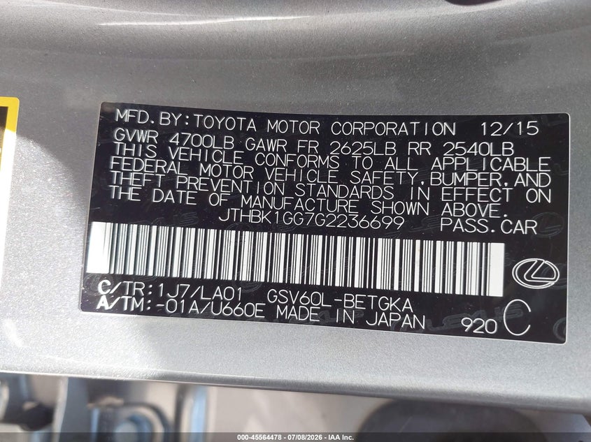 2016 Lexus ES VIN JTHBK1GG7G2236699 IAAI salvage auction — FRONT END, Salvage Title, sold $5,000 on 2026-08-01 (photo 9)