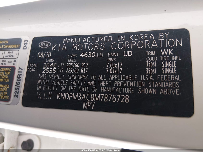 2021 Kia Sportage VIN KNDPM3AC8M7876728 IAAI salvage auction — SIDE, Certificate Of Destruction (Florida), sold $3,700 on 2026-08-02 (photo 9)