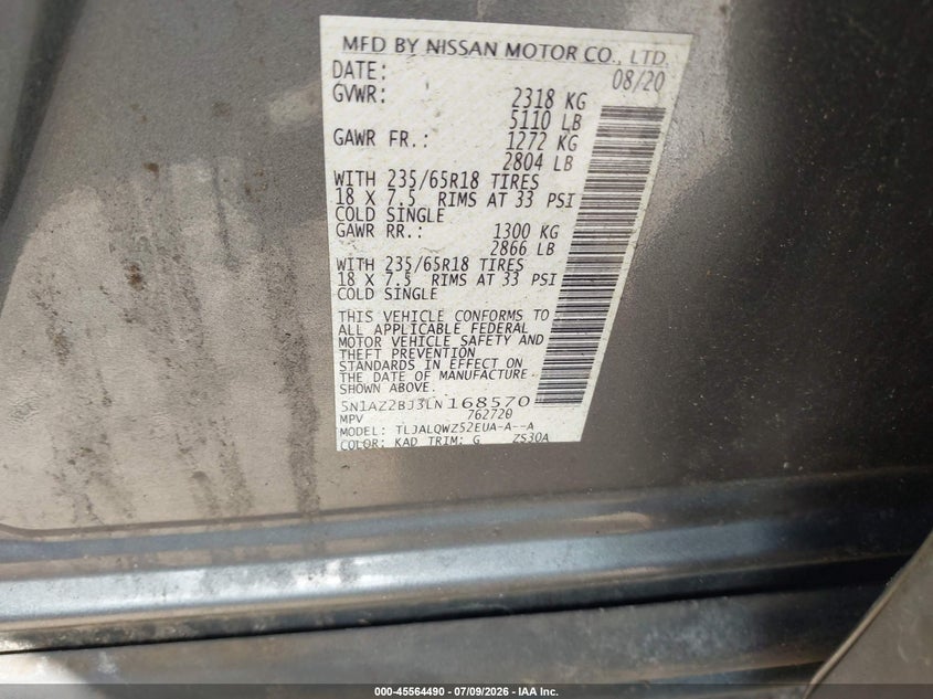 2020 Nissan Murano VIN 5N1AZ2BJ3LN168570 IAAI salvage auction — FRONT END, Salvage Title, sold $1,950 on 2026-09-03 (photo 9)