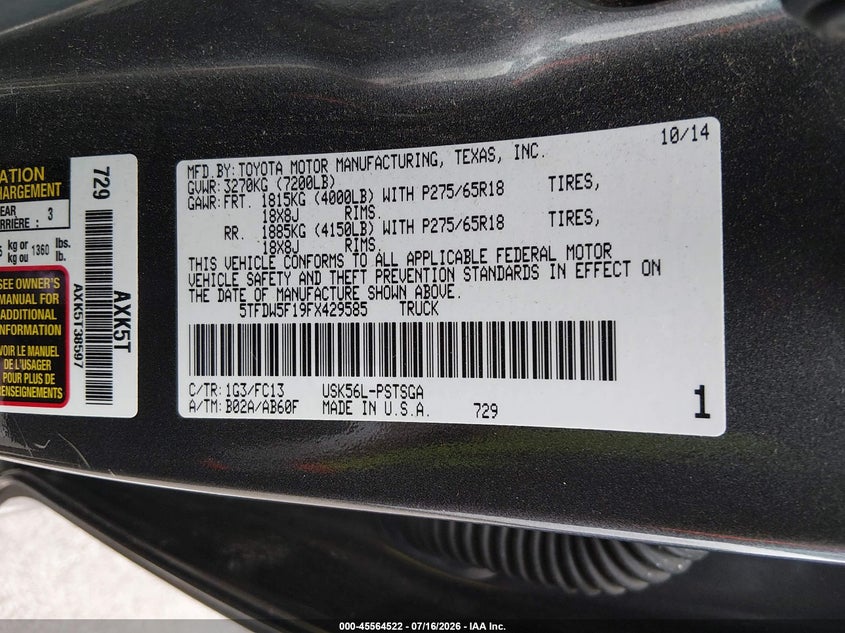 2015 Toyota Tundra VIN 5TFDW5F19FX429585 IAAI salvage auction — FRONT END, Salvage (Tennessee), sold $8,000 on 2026-07-31 (photo 9)