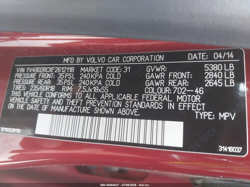 2015 Volvo Xc60 VIN YV4902RCXF2612118 IAAI salvage auction — NORMAL WEAR, Salvage Title, sold $2,275 on 2026-07-14 (photo 9)