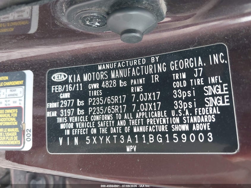 2011 Kia Sorento VIN 5XYKT3A11BG159003 IAAI salvage auction — LEFT FRONT, Clear (Mississippi), sold $1,700 on 2026-07-17 (photo 9)
