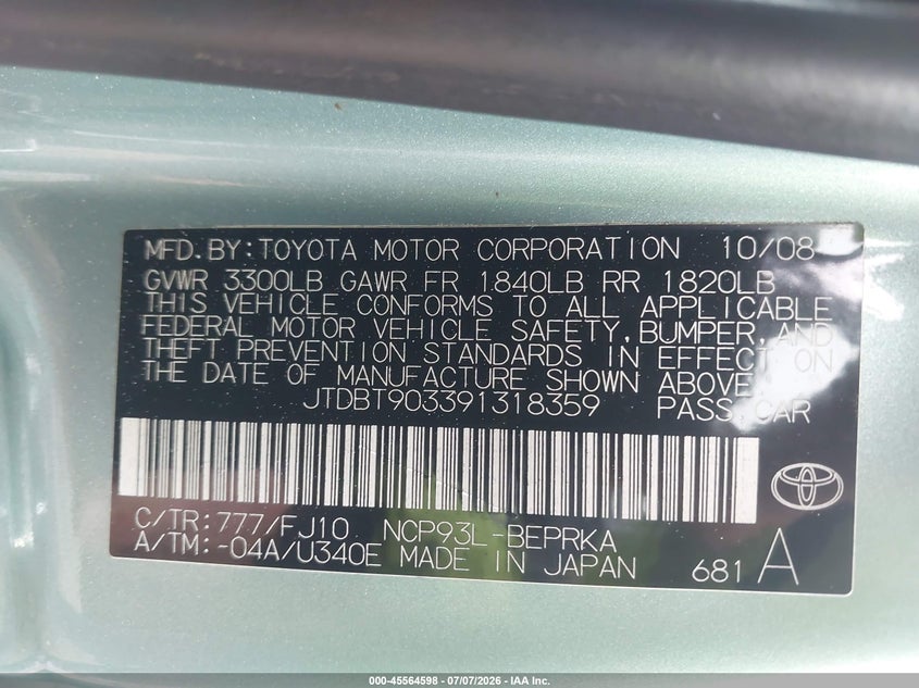 2009 Toyota Yaris VIN JTDBT903391318359 IAAI salvage auction — NORMAL WEAR, Clear (Massachusetts), sold $1,900 on 2026-07-14 (photo 9)