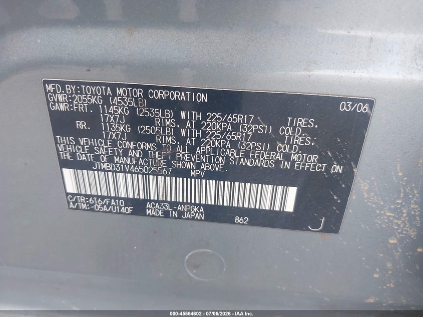 2006 Toyota Rav4 VIN JTMBD31V465025567 IAAI salvage auction — NORMAL WEAR, Clear (Virginia), sold $300 on 2026-07-28 (photo 9)