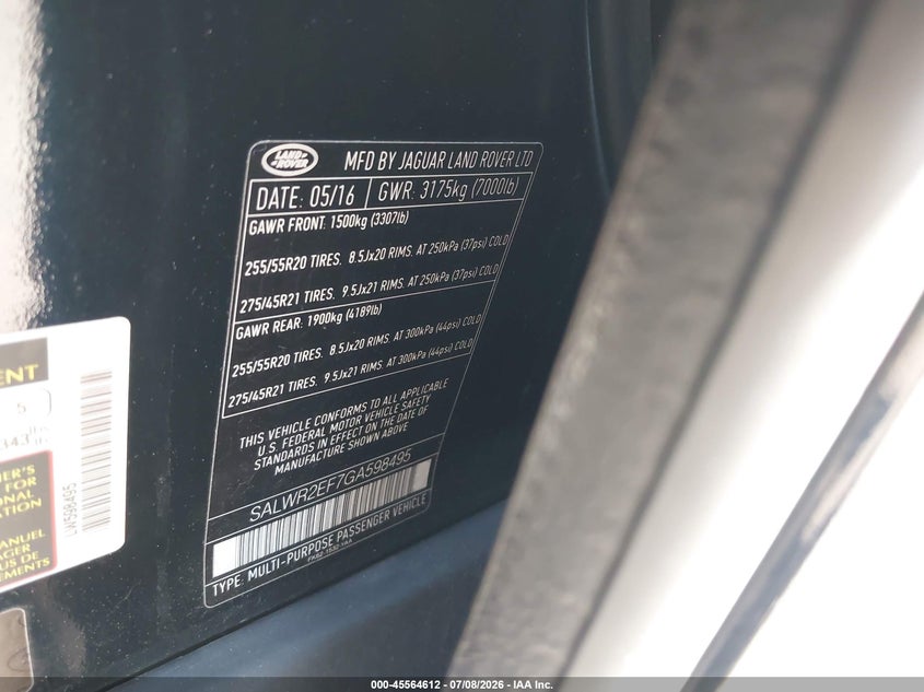 2016 Land rover Range rover sport VIN SALWR2EF7GA598495 IAAI salvage auction — RIGHT SIDE, Clear (New York), sold $3,250 on 2026-07-21 (photo 9)