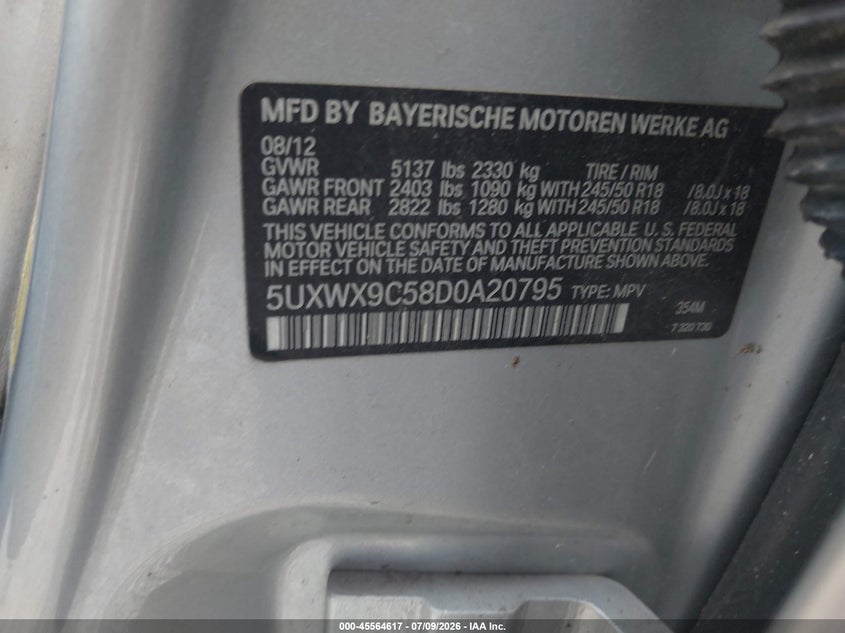 2013 BMW X3 VIN 5UXWX9C58D0A20795 IAAI salvage auction — UNKNOWN, Clear (Mississippi), sold $300 on 2026-07-17 (photo 9)