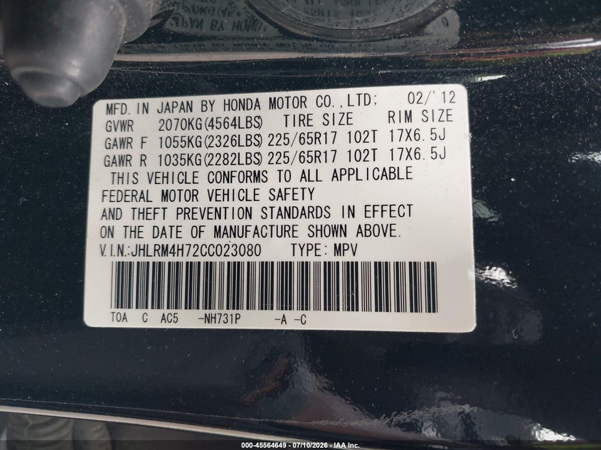 2012 Honda Cr-v VIN JHLRM4H72CC023080 IAAI salvage auction — FRONT END, Salvage Title, sold $1,600 on 2026-07-30 (photo 9)