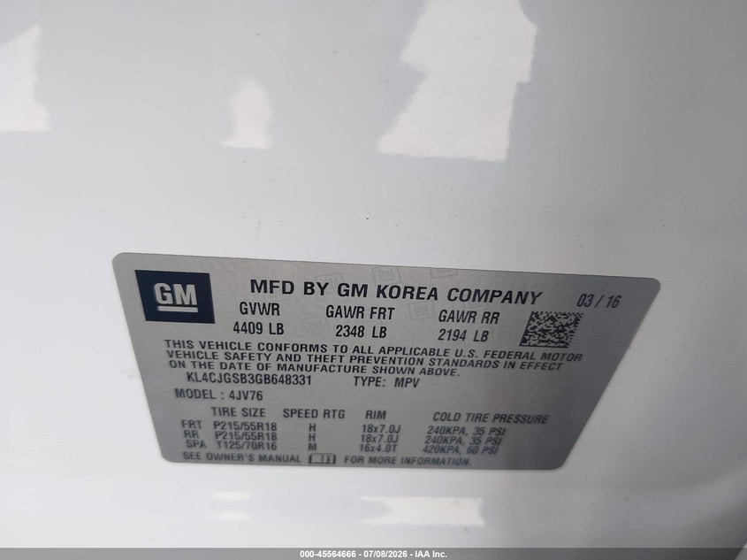 2016 Buick Encore VIN KL4CJGSB3GB648331 IAAI salvage auction — UNKNOWN, Salvage Title, sold $825 on 2026-08-03 (photo 9)