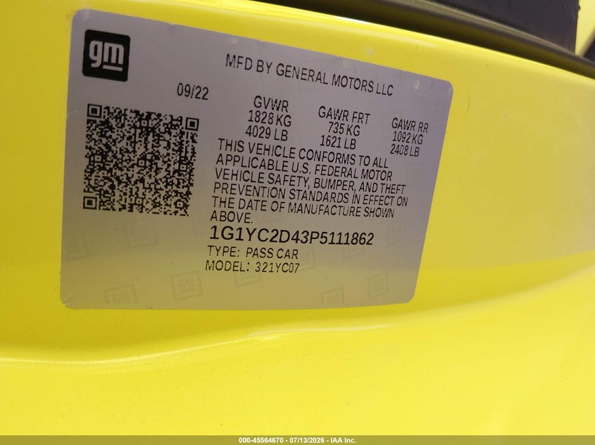 2023 Chevrolet Corvette VIN 1G1YC2D43P5111862 IAAI salvage auction — FRONT & REAR, Salvage (Tennessee), sold $11,600 on 2026-07-29 (photo 9)
