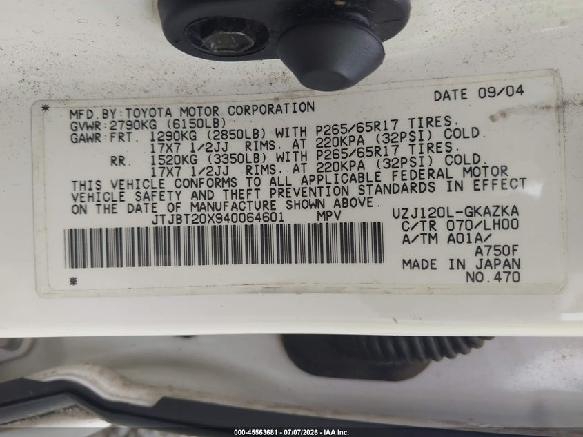 2004 Lexus Gx 470 VIN JTJBT20X940064601 IAAI salvage auction — NORMAL WEAR, Clear (Virginia), sold $2,000 on 2026-07-20 (photo 9)