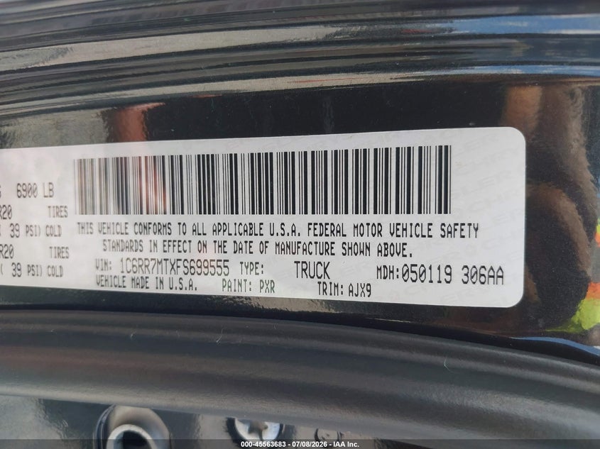 2015 Ram 1500 VIN 1C6RR7MTXFS699555 IAAI salvage auction — FRONT END, Salvage Title, sold $3,400 on 2026-07-29 (photo 9)