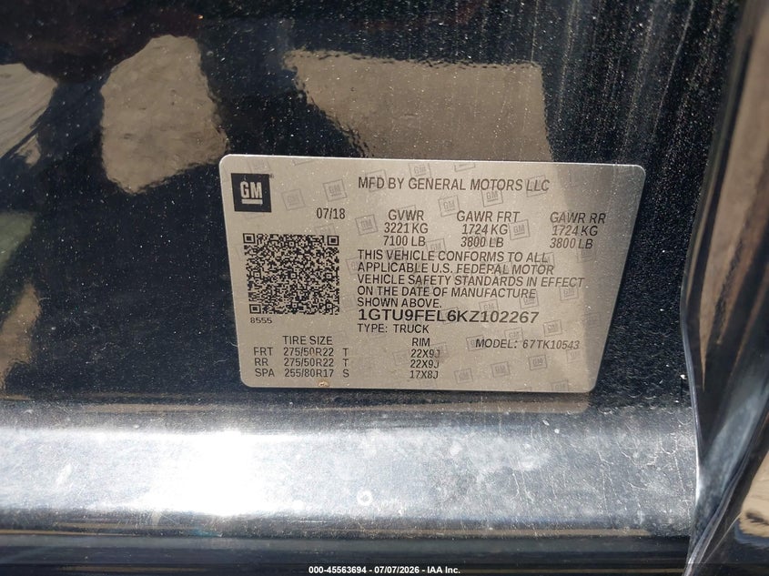 2019 Gmc SIERRA VIN 1GTU9FEL6KZ102267 IAAI salvage auction — REAR END, Salvage Title, sold $12,600 on 2026-08-19 (photo 9)