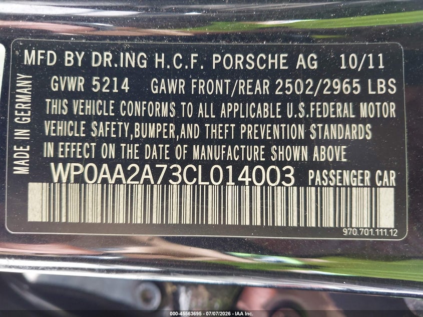 2012 Porsche Panamera VIN WP0AA2A73CL014003 IAAI salvage auction — ELECTRICAL, Salvage Title, sold $2,050 on 2026-07-14 (photo 9)