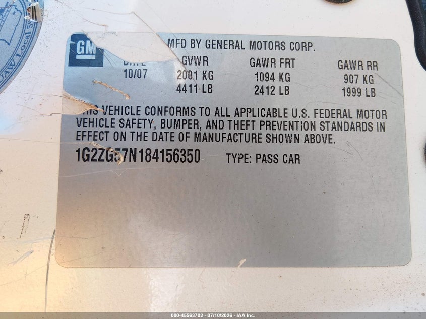 2008 Pontiac G6 VIN 1G2ZG57N184156350 IAAI salvage auction — FRONT & REAR, Salvage (Nevada), sold $100 on 2026-07-31 (photo 9)