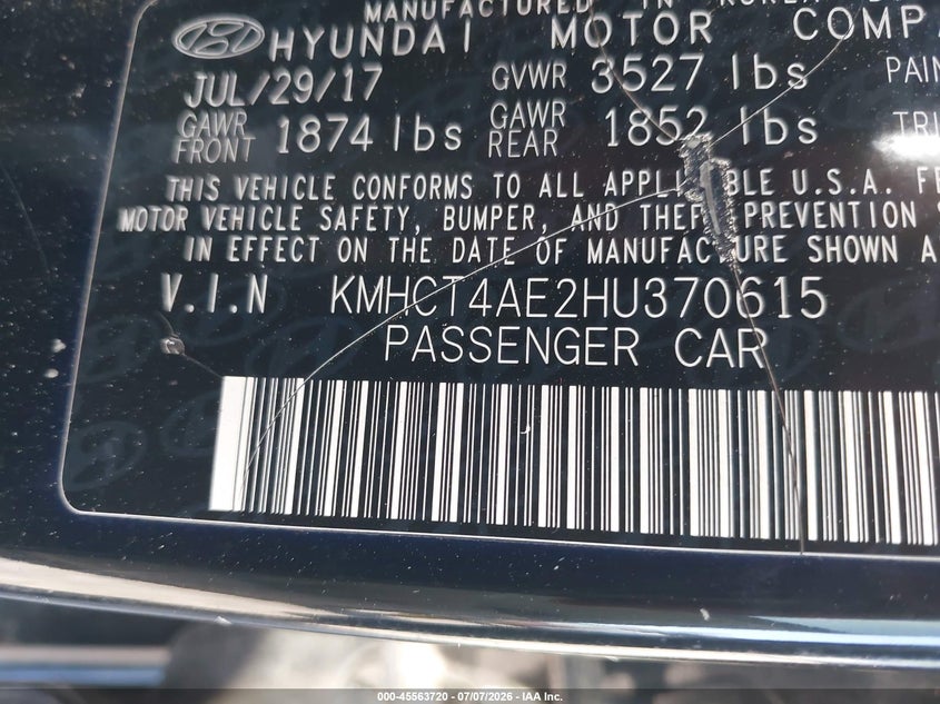 2017 Hyundai Accent VIN KMHCT4AE2HU370615 IAAI salvage auction — FRONT END, Salvage Title, sold $575 on 2026-07-14 (photo 9)