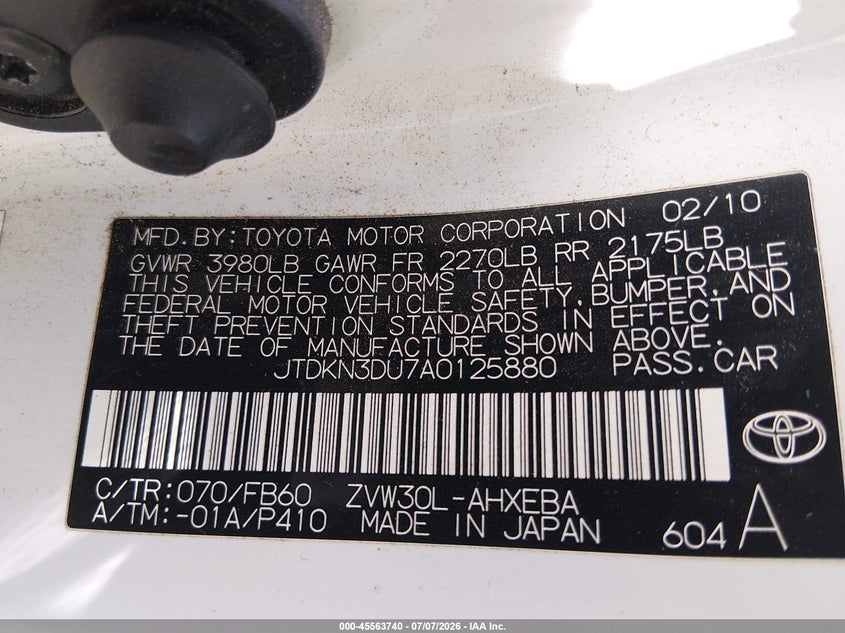 2010 Toyota Prius VIN JTDKN3DU7A0125880 IAAI salvage auction — NORMAL WEAR, Original (Texas), sold $25 on 2026-07-21 (photo 9)